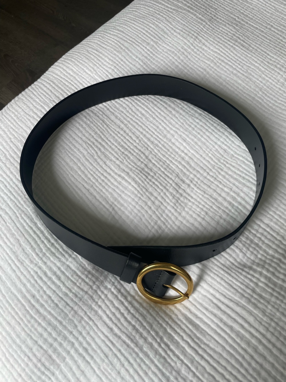 Aritzia Black Leather Belt with Gold Oval Buckle